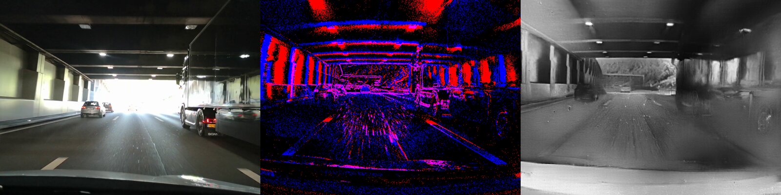 Comparison of an overexposed RGB frame, raw event data, and the event-based reconstruction that recovers the lost scene details at a tunnel exit.